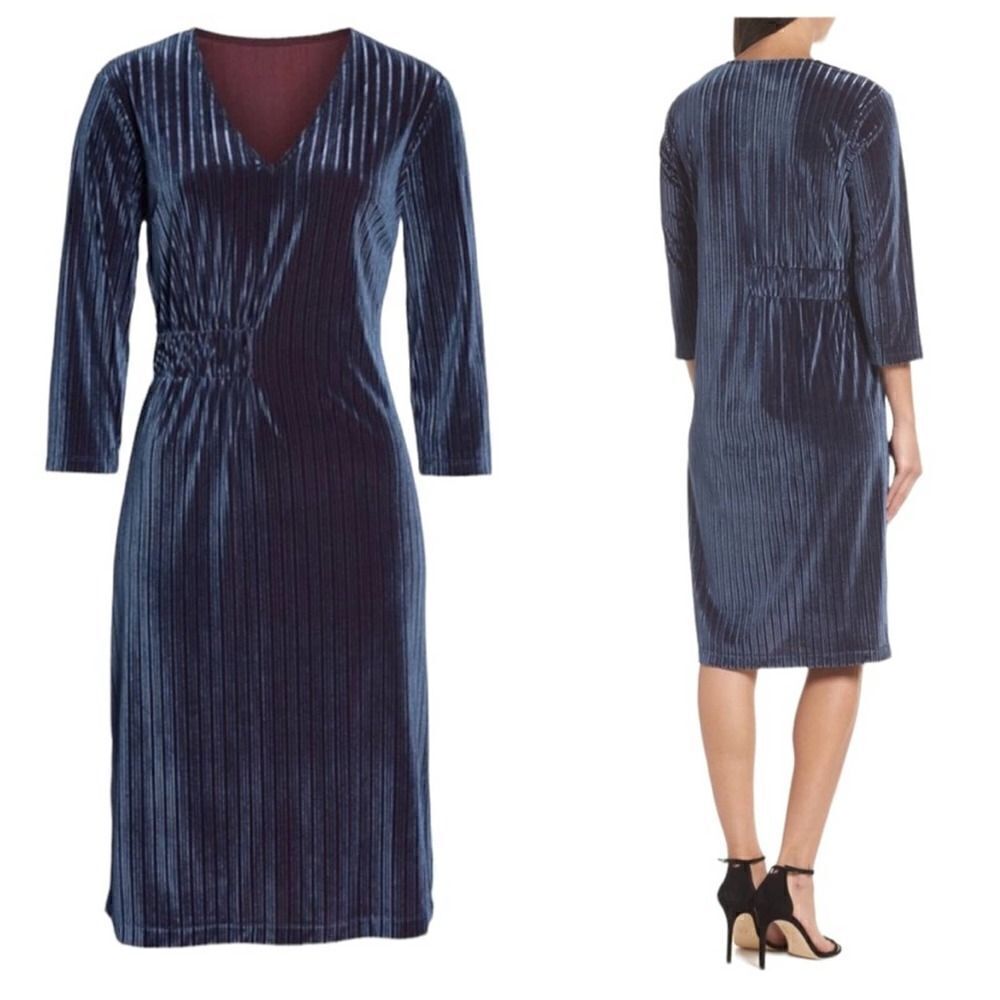 Nordstrom CHELSEA28 Stripe Velvet Burnout Dress in navy dusk womens size 1X NEW
